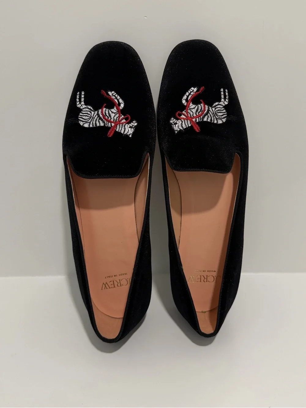 NEW J. Crew Made-in-Italy smoking slippers embroidered velvet CP095 zebra black